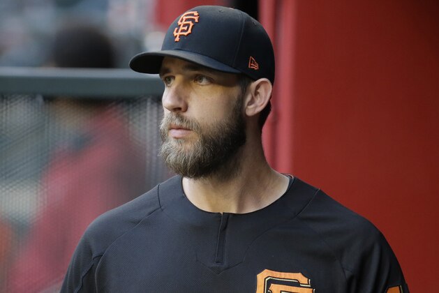 San Francisco Giants Madison Bumgarner in the first inning during a baseball game against the Arizona Diamondbacks, Tuesday, April 17, 2018, in Phoenix. (AP Photo/Rick Scuteri)
