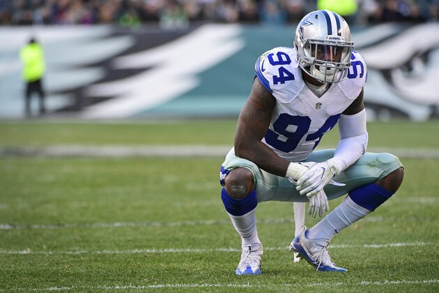 PHILADELPHIA, PA - JANUARY 01: Randy Gregory #94 of the Dallas Cowboys rests during a timeout against the Philadelphia Eagles during the fourth quarter at Lincoln Financial Field on January 1, 2017 in Philadelphia, Pennsylvania. The Eagles won 27-13. (Photo by Corey Perrine/Getty Images)