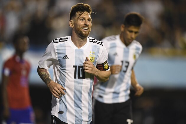 Argentina's Lionel Messi celebrates after scoring against Haiti during their international friendly football match at Boca Juniors' stadium La Bombonera in Buenos Aires, on May 29, 2018. (Photo by Eitan ABRAMOVICH / AFP)        (Photo credit should read EITAN ABRAMOVICH/AFP/Getty Images)