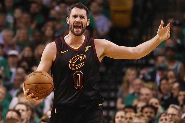 BOSTON, MA - MAY 23:  Kevin Love #0 of the Cleveland Cavaliers reacts in the first half against the Boston Celtics during Game Five of the 2018 NBA Eastern Conference Finals at TD Garden on May 23, 2018 in Boston, Massachusetts. NOTE TO USER: User expressly acknowledges and agrees that, by downloading and or using this photograph, User is consenting to the terms and conditions of the Getty Images License Agreement.  (Photo by Maddie Meyer/Getty Images)
