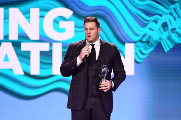 MONACO - FEBRUARY 27:  Winner JJ Watt of the Laureus Sporting inspiration award speaks on stage during the 2018 Laureus World Sports Awards show at Salle des Etoiles, Sporting Monte-Carlo on February 27, 2018 in Monaco, Monaco.  (Photo by Stuart C. Wilson/Getty Images for Laureus)