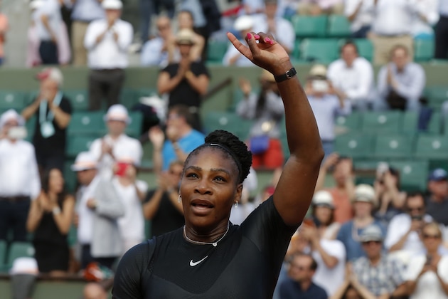 Serena Williams of the U.S. celebrates after defeating Kristyna Pliskova of the Czech Republic in their first round match of the French Open tennis tournament at the Roland Garros stadium, Tuesday, May 29, 2018 in Paris. (AP Photo/Michel Euler)