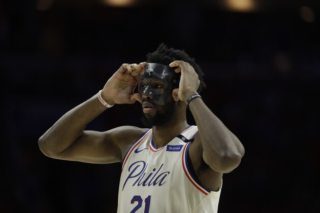 Philadelphia 76ers' Joel Embiid in action during Game 4 of an NBA basketball second-round playoff series against the Boston Celtics, Monday, May 7, 2018, in Philadelphia. (AP Photo/Matt Slocum)