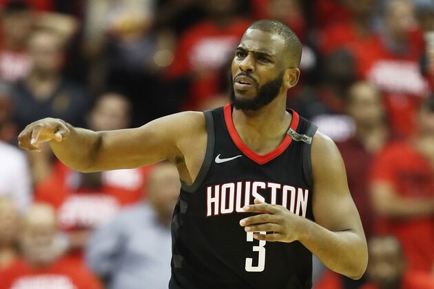 HOUSTON, TX - MAY 24:  Chris Paul #3 of the Houston Rockets reacts against the Golden State Warriors in the fourth quarter of Game Five of the Western Conference Finals of the 2018 NBA Playoffs at Toyota Center on May 24, 2018 in Houston, Texas. NOTE TO USER: User expressly acknowledges and agrees that, by downloading and or using this photograph, User is consenting to the terms and conditions of the Getty Images License Agreement. (Photo by Ronald Martinez/Getty Images)