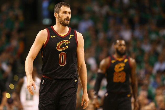 BOSTON, MA - MAY 23:  Kevin Love #0 of the Cleveland Cavaliers looks on in the first half against the Boston Celtics during Game Five of the 2018 NBA Eastern Conference Finals at TD Garden on May 23, 2018 in Boston, Massachusetts. NOTE TO USER: User expressly acknowledges and agrees that, by downloading and or using this photograph, User is consenting to the terms and conditions of the Getty Images License Agreement.  (Photo by Maddie Meyer/Getty Images)