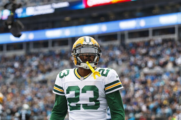 Green Bay Packers cornerback Damarious Randall (23) in action against the Green Bay Packers during an NFL game in Charlotte, N.C. on Sunday, Dec. 17, 2017. (Chris Keane/AP Images for Panini)