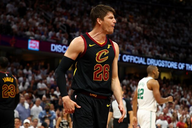 CLEVELAND, OH - MAY 25: Kyle Korver of the Cleveland Cavaliers reacts after a play in the fourth quarter against the Boston Celtics during Game Six of the 2018 NBA Eastern Conference Finals at Quicken Loans Arena on May 25, 2018 in Cleveland, Ohio. NOTE TO USER: User expressly acknowledges and agrees that, by downloading and or using this photograph, User is consenting to the terms and conditions of the Getty Images License Agreement.  (Photo by Gregory Shamus/Getty Images)