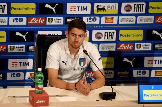 FLORENCE, ITALY - MAY 30:  Jorginho of Italy speaks with the media during a press conference at Centro Tecnico Federale di Coverciano on May 30, 2018 in Florence, Italy.  (Photo by Claudio Villa/Getty Images)