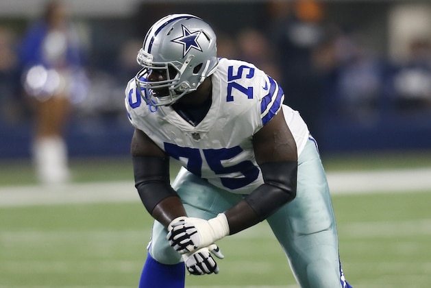 Dallas Cowboys offensive tackle Byron Bell lines up against the Oakland Raiders during a preseason NFL football game, Saturday, Aug. 26, 2017, in Arlington, Texas. (AP Photo/Roger Steinman)