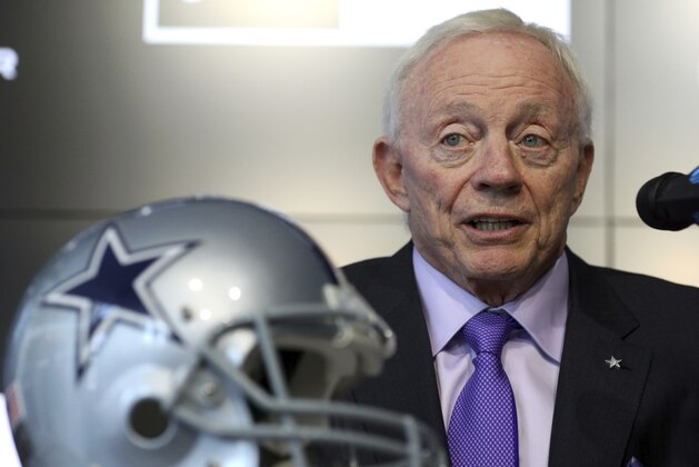 Dallas Cowboys owner Jerry Jones makes a brief statement about the announced retirement of tight end Jason Witten during an NFL football news conference Friday, April 27, 2018, in Frisco, Texas. (AP Photo/Richard W. Rodriguez)