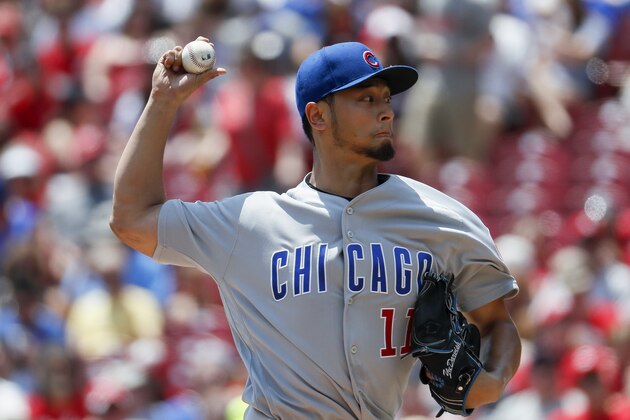 Chicago Cubs starting pitcher Yu Darvish throws in the first inning of a baseball game against the Cincinnati Reds, Sunday, May 20, 2018, in Cincinnati. (AP Photo/John Minchillo)