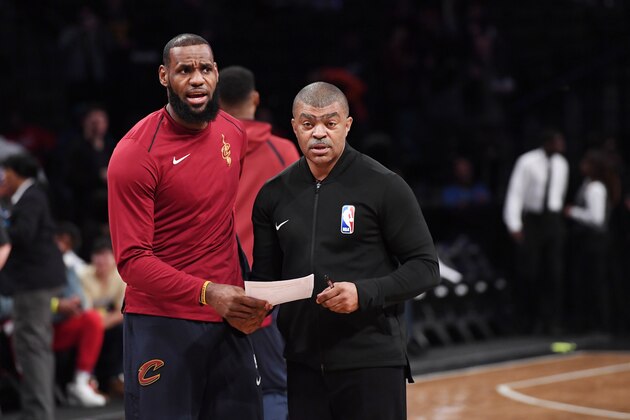NEW YORK, NY - MARCH 25:  LeBron James #23 of the Cleveland Cavaliers and referee Tony Brothers before the game against the Brooklyn Nets at Barclays Center on March 25, 2018 in the Brooklyn borough of New York City. NOTE TO USER: User expressly acknowledges and agrees that, by downloading and or using this photograph, User is consenting to the terms and conditions of the Getty Images License Agreement. (Photo by Matteo Marchi/Getty Images) *** Local Caption *** LeBron James