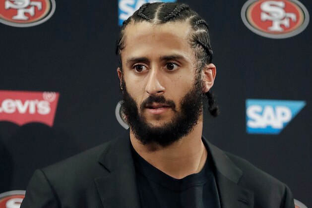 FILE - This Jan. 1, 2017, file photo shows then San Francisco 49ers quarterback Colin Kaepernick speaking at a news conference after the team's NFL football game against the Seattle Seahawks in Santa Clara, Calif. Pete Carroll said the Seattle Seahawks have not closed the door on the possibility of adding Kaepernick to their roster, but how much further they pursue it may depend on the upcoming NFL draft. Reports surfaced earlier this month that Seattle pulled out of a planned workout for Kaepernick. Seattle has been one of the few teams to show interest in Kaepernick following his protests during the national anthem. (AP Photo/Marcio Jose Sanchez, File)