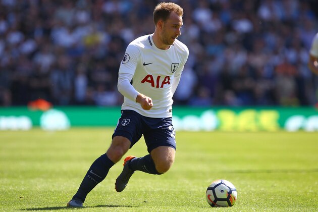 Tottenham Hotspur's Danish midfielder Christian Eriksen controls the ball during the English Premier League football match between West Bromwich Albion and Tottenham Hotspur at The Hawthorns stadium in West Bromwich, central England, on May 5, 2018. (Photo by Geoff CADDICK / AFP) / RESTRICTED TO EDITORIAL USE. No use with unauthorized audio, video, data, fixture lists, club/league logos or 'live' services. Online in-match use limited to 75 images, no video emulation. No use in betting, games or single club/league/player publications. /         (Photo credit should read GEOFF CADDICK/AFP/Getty Images)