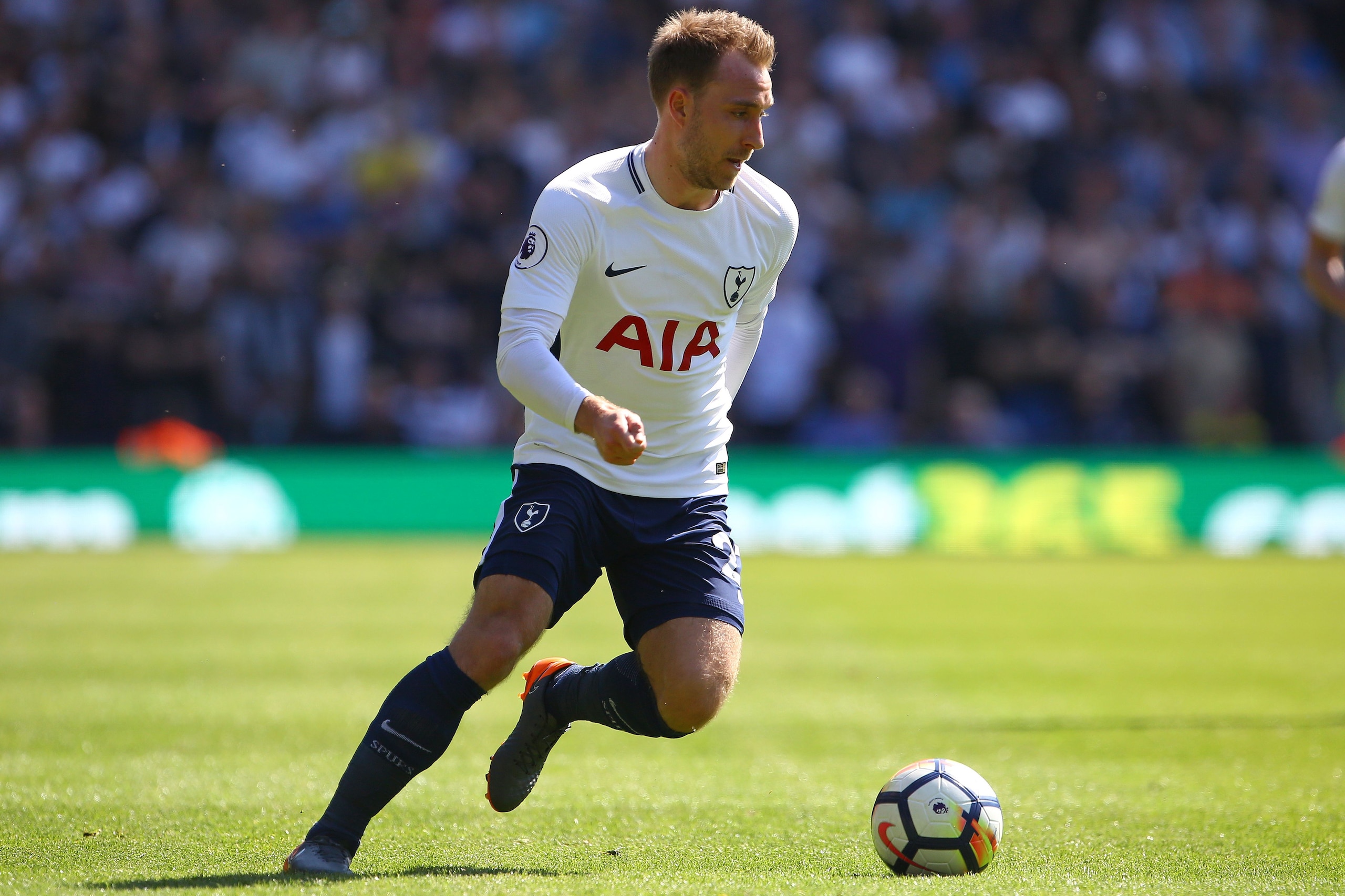 Tottenham Hotspur's Danish midfielder Christian Eriksen controls the ball during the English Premier League football match between West Bromwich Albion and Tottenham Hotspur at The Hawthorns stadium in West Bromwich, central England, on May 5, 2018. (Photo by Geoff CADDICK / AFP) / RESTRICTED TO EDITORIAL USE. No use with unauthorized audio, video, data, fixture lists, club/league logos or 'live' services. Online in-match use limited to 75 images, no video emulation. No use in betting, games or single club/league/player publications. /         (Photo credit should read GEOFF CADDICK/AFP/Getty Images)