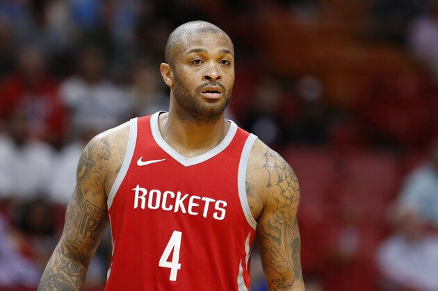 Houston Rockets forward P.J. Tucker is shown during the first half of an NBA basketball game against the Miami Heat, Wednesday, Feb. 7, 2018, in Miami. (AP Photo/Wilfredo Lee)
