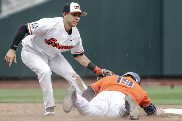 Oregon State second baseman Nick Madrigal, left, tags out Cal State Fullerton's Dillon Persinger (19) who was caught stealing second base in the third inning of an NCAA mens College World Series baseball game in Omaha, Neb., Saturday, June 17, 2017. (AP Photo/Nati Harnik)