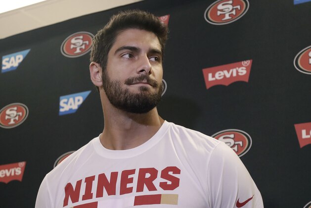 San Francisco 49ers quarterback Jimmy Garoppolo speaks to reporters at the team's football facility in Santa Clara, Calif., Monday, April 23, 2018. (AP Photo/Jeff Chiu)