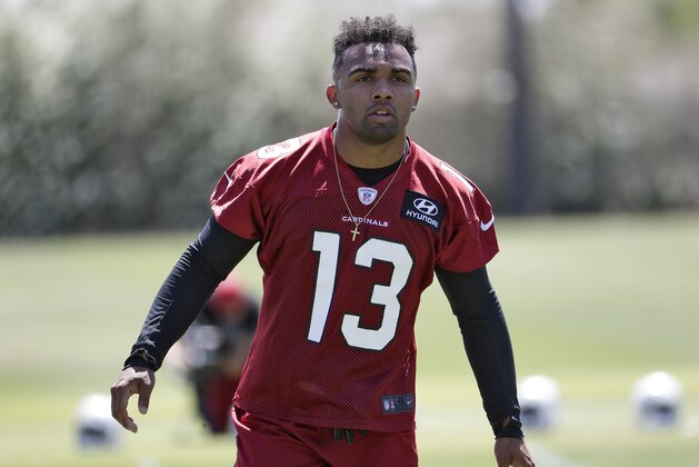 Arizona Cardinals' second-round draft pick Christian Kirk (13) runs drills during NFL football rookie camp Friday, May 11, 2018, in Tempe, Ariz. (AP Photo/Matt York