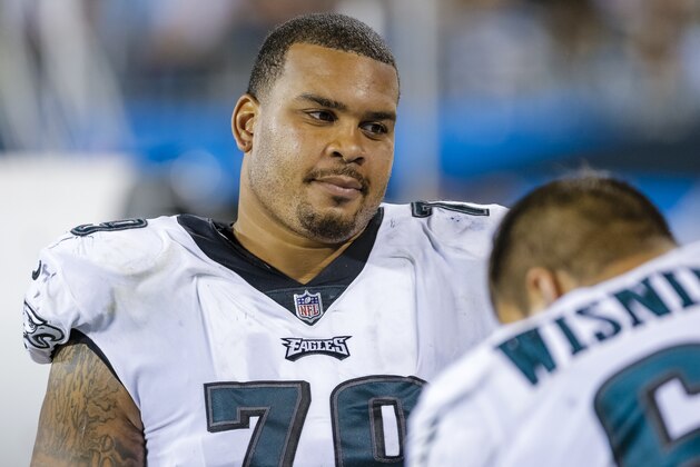 Philadelphia Eagles' Brandon Brooks (79) on the bench against the Carolina Panthers during the second half of an NFL football game in Charlotte, N.C., Thursday, Oct. 12, 2017. The Eagles won 28-23. (AP Photo/Bob Leverone)