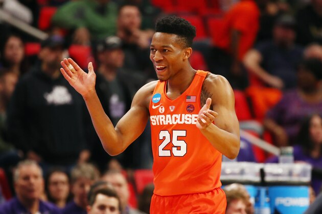 DETROIT, MI - MARCH 16:  Tyus Battle #25 of the Syracuse Orange reacts during the second half against the TCU Horned Frogs in the first round of the 2018 NCAA Men's Basketball Tournament at Little Caesars Arena on March 16, 2018 in Detroit, Michigan.  (Photo by Gregory Shamus/Getty Images)
