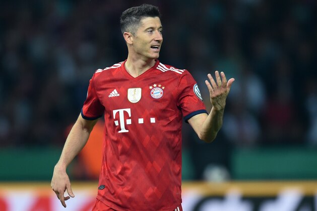 Bayern Munich's Polish striker Robert Lewandowski reacts during the German Cup DFB Pokal final football match FC Bayern Munich vs Eintracht Frankfurt at the Olympic Stadium in Berlin on May 19, 2018. (Photo by Christof STACHE / AFP) / RESTRICTIONS: ACCORDING TO DFB RULES IMAGE SEQUENCES TO SIMULATE VIDEO IS NOT ALLOWED DURING MATCH TIME. MOBILE (MMS) USE IS NOT ALLOWED DURING AND FOR FURTHER TWO HOURS AFTER THE MATCH. == RESTRICTED TO EDITORIAL USE == FOR MORE INFORMATION CONTACT DFB DIRECTLY AT +49 69 67880 /         (Photo credit should read CHRISTOF STACHE/AFP/Getty Images)