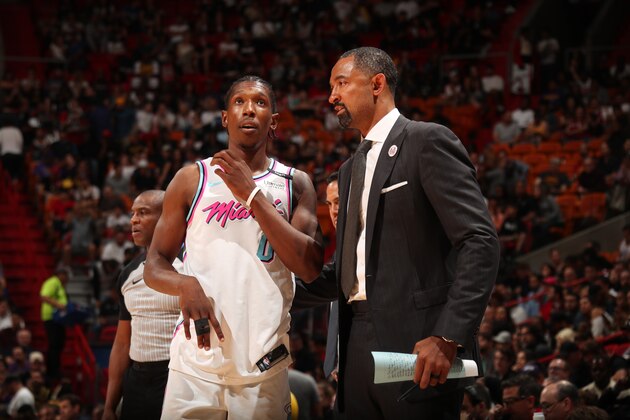 MIAMI, FL - MARCH 1: Juwan Howard coahces Josh Richardson #0 of the Miami Heat during the game against the Los Angeles Lakers on March 1, 2018 at American Airlines Arena in Miami, Florida. NOTE TO USER: User expressly acknowledges and agrees that, by downloading and or using this Photograph, user is consenting to the terms and conditions of the Getty Images License Agreement. Mandatory Copyright Notice: Copyright 2018 NBAE (Photo by Issac Baldizon/NBAE via Getty Images)