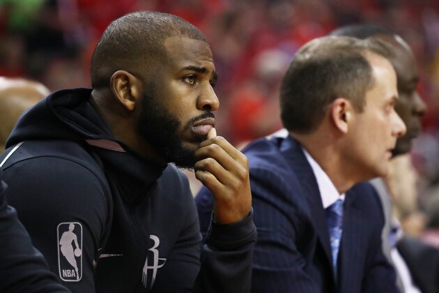 HOUSTON, TX - MAY 28: Chris Paul #3 of the Houston Rockets looks on from the bench in the first quarter of Game Seven of the Western Conference Finals of the 2018 NBA Playoffs against the Golden State Warriors at Toyota Center on May 28, 2018 in Houston, Texas. NOTE TO USER: User expressly acknowledges and agrees that, by downloading and or using this photograph, User is consenting to the terms and conditions of the Getty Images License Agreement. (Photo by Ronald Martinez/Getty Images) HOUSTON, TX - MAY 28: Chris Paul #3 of the Houston Rockets looks on from the bench in the first quarter of Game Seven of the Western Conference Finals of the 2018 NBA Playoffs against the Golden State Warriors at Toyota Center on May 28, 2018 in Houston, Texas. NOTE TO USER: User expressly acknowledges and agrees that, by downloading and or using this photograph, User is consenting to the terms and conditions of the Getty Images License Agreement. (Photo by Ronald Martinez/Getty Images)