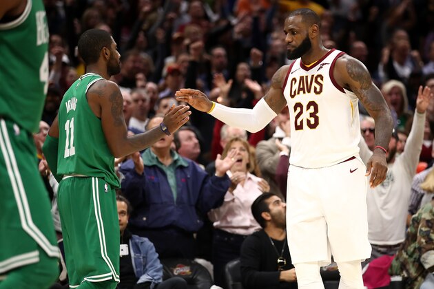 CLEVELAND, OH - OCTOBER 17:  LeBron James #23 of the Cleveland Cavaliers and Kyrie Irving #11 of the Boston Celtics shake hands after a Cavaliers 102-99 victory at Quicken Loans Arena on October 17, 2017 in Cleveland, Ohio. NOTE TO USER: User expressly acknowledges and agrees that, by downloading and or using this photograph, User is consenting to the terms and conditions of the Getty Images License Agreement.  (Photo by Gregory Shamus/Getty Images)