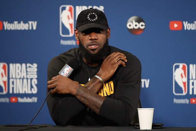 OAKLAND, CA - MAY 30:  LeBron James #23 of the Cleveland Cavaliers speaks to the media during the 2018 NBA Finals Media Day at ORACLE Arena on May 30, 2018 in Oakland, California. The Cleveland Cavaliers play against the Golden State Warriors in Game One of the Finals tomorrow night. NOTE TO USER: User expressly acknowledges and agrees that, by downloading and or using this photograph, User is consenting to the terms and conditions of the Getty Images License Agreement.  (Photo by Ezra Shaw/Getty Images)