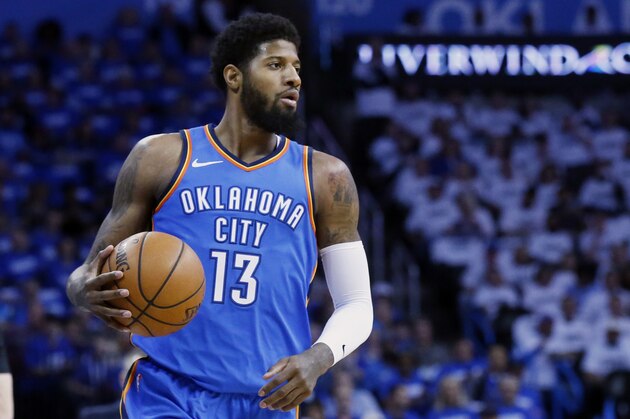 Oklahoma City Thunder forward Paul George (13) during Game 5 of an NBA basketball first-round playoff series between the Utah Jazz and the Oklahoma City Thunder n Oklahoma City, Wednesday, April 25, 2018. (AP Photo/Sue Ogrocki)