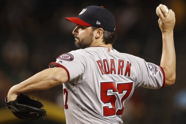 Washington Nationals starting pitcher Tanner Roark throws to an Arizona Diamondbacks batter during the first inning of a baseball game Thursday, May 10, 2018, in Phoenix. (AP Photo/Ross D. Franklin)