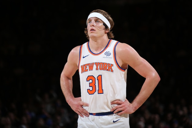 NEW YORK, NY - JANUARY 10: Ron Baker #31 of the New York Knicks looks on during game against the Chicago Bulls on January 10, 2018 at Madison Square Garden in New York City, New York. NOTE TO USER: User expressly acknowledges and agrees that, by downloading and or using this photograph, User is consenting to the terms and conditions of the Getty Images License Agreement. Mandatory Copyright Notice: Copyright 2018 NBAE  (Photo by Steven Freeman/NBAE via Getty Images)