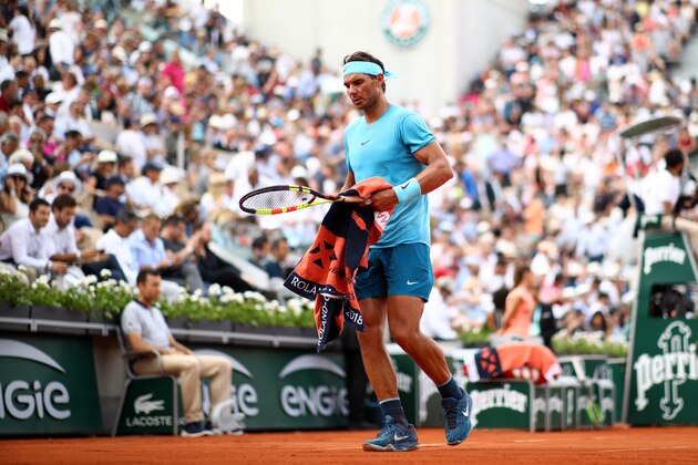 PARIS, FRANCE - MAY 31:  Rafael Nadal of Spain looks on during his mens singles second round match against Guido Pella of Argentina during day five of the 2018 French Open at Roland Garros on May 31, 2018 in Paris, France.  (Photo by Cameron Spencer/Getty Images)