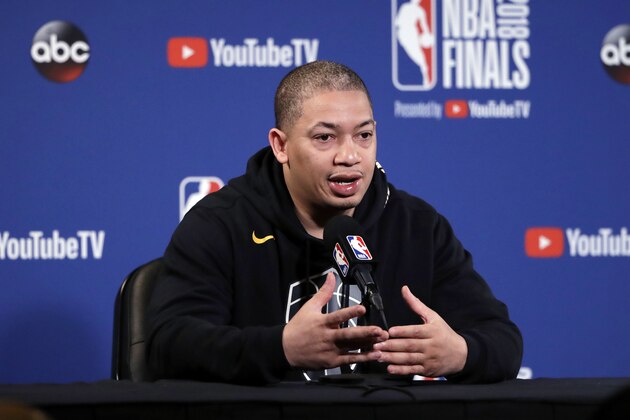 Cleveland Cavaliers head coach Tyronn Lue answers questions before the start of an NBA basketball practice, Wednesday, May 30, 2018, in Oakland, Calif. The Cavaliers face the Golden State Warriors in Game 1 of the NBA Finals on Thursday in Oakland. (AP Photo/Marcio Jose Sanchez)