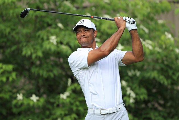 DUBLIN, OH - MAY 31:  Tiger Woods of the United States hits his tee shot on the 13th hole during the first round of The Memorial Tournament Presented by Nationwide at Muirfield Village Golf Club on May 31, 2018 in Dublin, Ohio.  (Photo by Sam Greenwood/Getty Images)