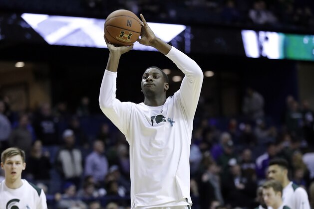 Michigan State forward Jaren Jackson Jr., warms up before an NCAA college basketball game against Northwestern, Saturday, Feb. 17, 2018, in Rosemont, Ill. (AP Photo/Nam Y. Huh)
