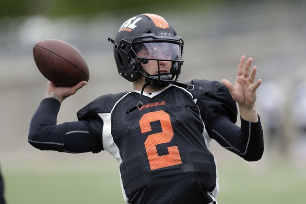 Former Heisman Trophy-winning quarterback Johnny Manziel (2) prepares for a developmental Spring League game, Saturday, April 7, 2018, in Austin, Texas. Manziel is hoping to impress NFL scouts in his bid to return to the league. (AP Photo/Eric Gay)