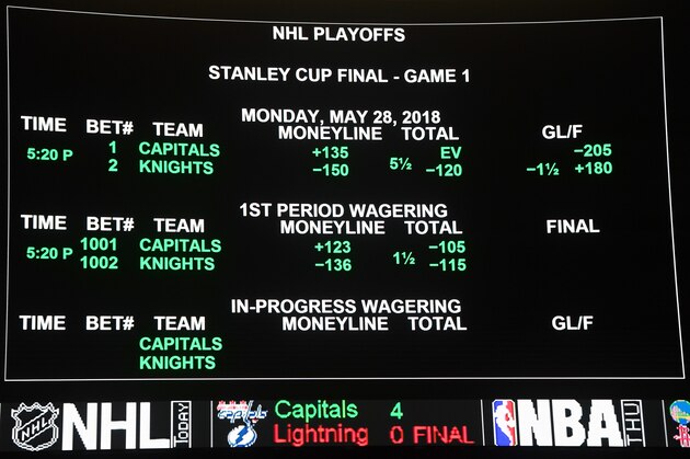 LAS VEGAS, NV - MAY 23:  The betting line for Game One of the Stanley Cup Final shows the Vegas Golden Knights favored over the Washington Capitals at the Race & Sports SuperBook at the Westgate Las Vegas Resort & Casino on May 23, 2018 in Las Vegas, Nevada. The two teams will meet in Game One of the series in Las Vegas on May 28.  (Photo by Ethan Miller/Getty Images)
