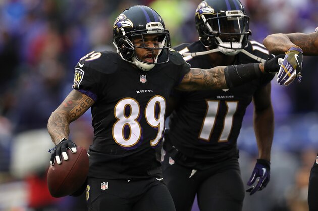BALTIMORE, MD - DECEMBER 18: Wide receiver Steve Smith #89 of the Baltimore Ravens celebrates with teammate wide receiver Kamar Aiken #11 after scoring a second quarter touchdown against the Philadelphia Eagles at M&T Bank Stadium on December 18, 2016 in Baltimore, Maryland. (Photo by Patrick Smith/Getty Images)