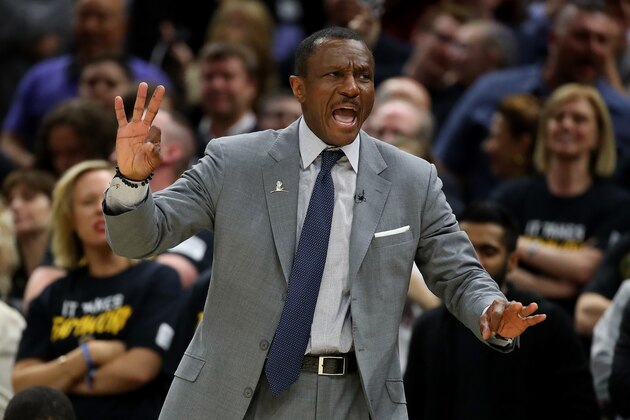 CLEVELAND, OH - MAY 05:  Head coach Dwane Casey of the Toronto Raptors reacts while playing the Cleveland Cavaliers in Game Three of the Eastern Conference Semifinals during the 2018 NBA Playoffs at Quicken Loans Arena on May 5, 2018 in Cleveland, Ohio. NOTE TO USER: User expressly acknowledges and agrees that, by downloading and or using this photograph, User is consenting to the terms and conditions of the Getty Images License Agreement. (Photo by Gregory Shamus/Getty Images)