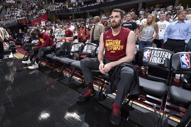 CLEVELAND, OH - MAY 25:  Kevin Love #0 of the Cleveland Cavaliers looks on before the game against the Boston Celtics in Game Six of the Eastern Conference Finals of the 2018 NBA Playoffs on May 25, 2018 at Quicken Loans Arena in Cleveland, Ohio. NOTE TO USER: User expressly acknowledges and agrees that, by downloading and or using this photograph, user is consenting to the terms and conditions of Getty Images License Agreement. Mandatory Copyright Notice: Copyright 2018 NBAE (Photo by David Liam Kyle/NBAE via Getty Images)