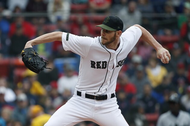 Boston Red Sox's Chris Sale pitches during the first inning of an interleague baseball game against the Atlanta Braves, Sunday, May 27, 2018, in Boston. (AP Photo/Michael Dwyer)