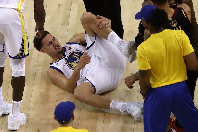 OAKLAND, CA - MAY 31:  Klay Thompson #11 of the Golden State Warriors reacts after being fouled by JR Smith #5 of the Cleveland Cavaliers in Game 1 of the 2018 NBA Finals at ORACLE Arena on May 31, 2018 in Oakland, California. NOTE TO USER: User expressly acknowledges and agrees that, by downloading and or using this photograph, User is consenting to the terms and conditions of the Getty Images License Agreement.  (Photo by Ezra Shaw/Getty Images)
