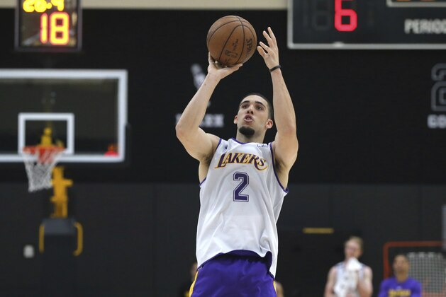 LiAngelo Ball shoots during a pre-draft workout at the Los Angeles Lakers' NBA basketball facility in El Segundo, Calif., Tuesday, May 29, 2018. (AP Photo/Reed Saxon)