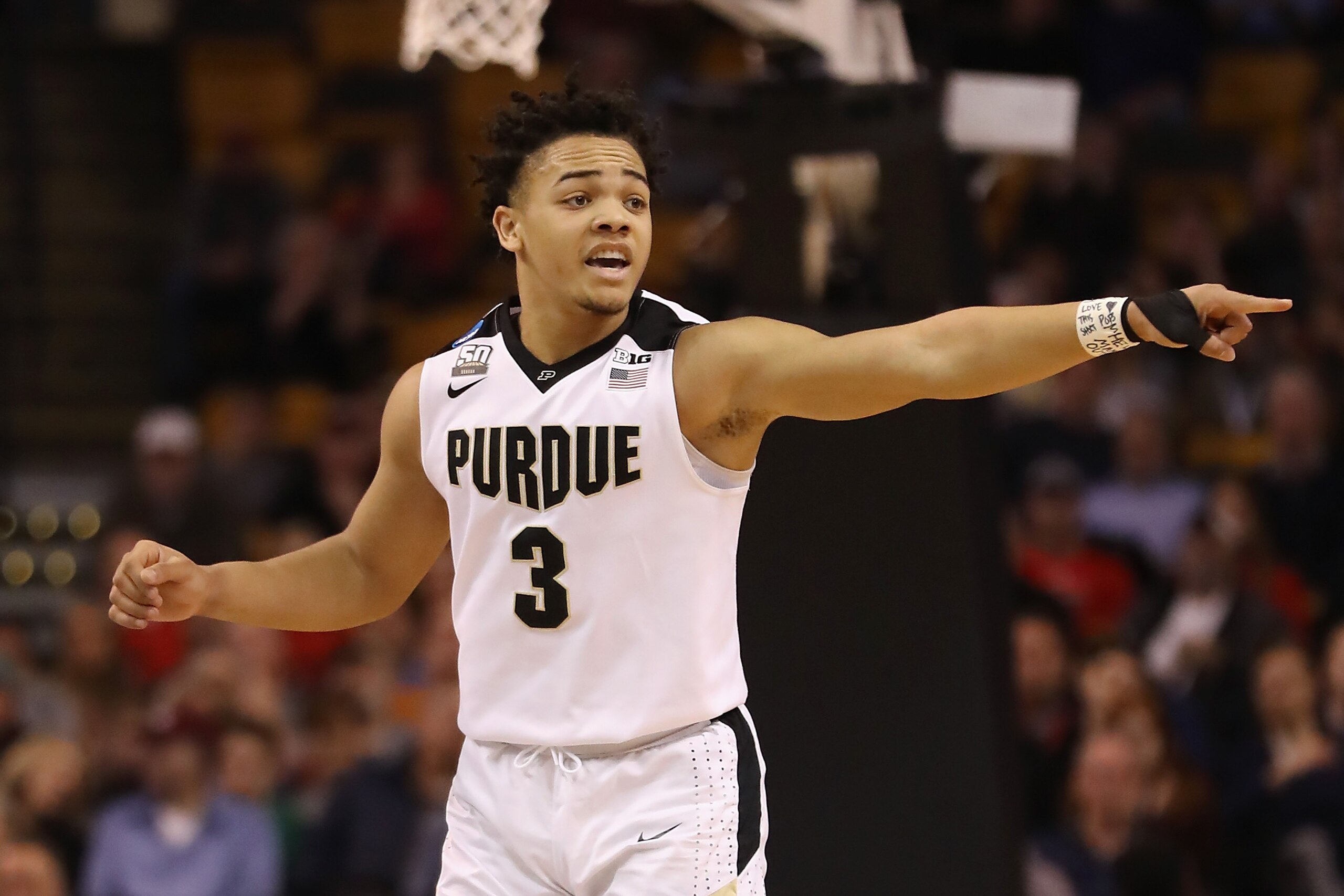 BOSTON, MA - MARCH 23:  Carsen Edwards #3 of the Purdue Boilermakers gestures during the second half against the Texas Tech Red Raiders in the 2018 NCAA Men's Basketball Tournament East Regional at TD Garden on March 23, 2018 in Boston, Massachusetts.  (Photo by Elsa/Getty Images)