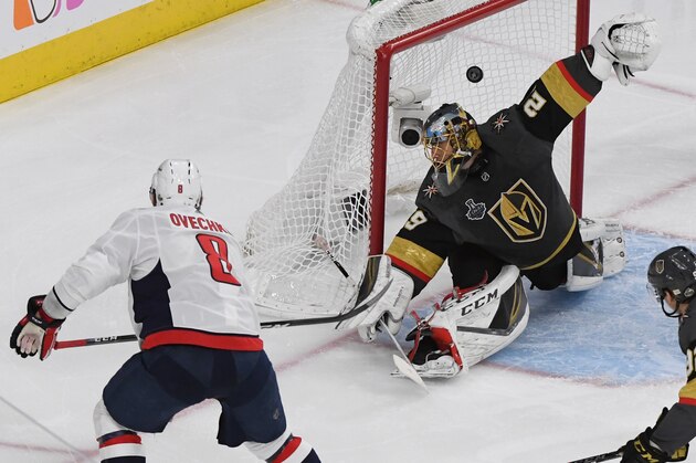 LAS VEGAS, NV - MAY 30:  Alex Ovechkin #8 of the Washington Capitals scores a second-period goal against Marc-Andre Fleury #29 of the Vegas Golden Knights in Game Two of the 2018 NHL Stanley Cup Final at T-Mobile Arena on May 30, 2018 in Las Vegas, Nevada. The Capitals defeated the Golden Knights 3-2.  (Photo by Ethan Miller/Getty Images)
