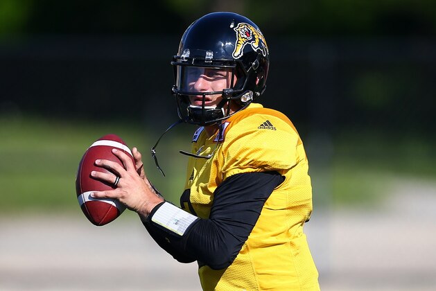 HAMILTON, ON - MAY 28:  Johnny Manziel #2 of the Hamilton Tiger-Cats takes part in a preseason practice session at Ron Joyce Stadium on May 28, 2018 in Hamilton, Canada.  (Photo by Vaughn Ridley/Getty Images)