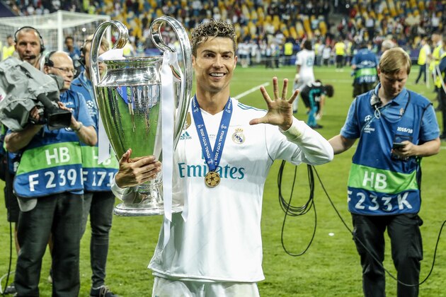 Cristiano Ronaldo of Real Madrid with UEFA Champions League trophy, Coupe des clubs Champions Europeens during the UEFA Champions League final between Real Madrid and Liverpool on May 26, 2018 at NSC Olimpiyskiy Stadium in Kyiv, Ukraine(Photo by VI Images via Getty Images)
