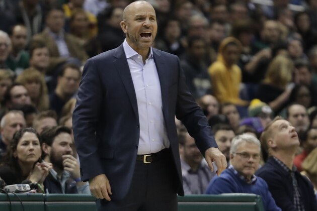 Milwaukee Bucks head coach Jason Kidd yells during the first half of an NBA basketball game against the Cleveland Cavaliers Tuesday, Dec. 19, 2017, in Milwaukee. (AP Photo/Morry Gash)